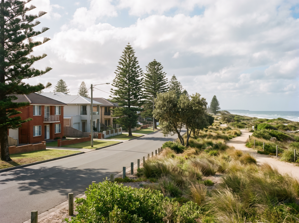 Brick and rendered family homes on a quiet Chifley street with coastal parkland beyond