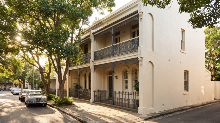 Victorian heritage terrace house in Sydney's Eastern Suburbs with iron lacework balcony and freshly cleaned facade