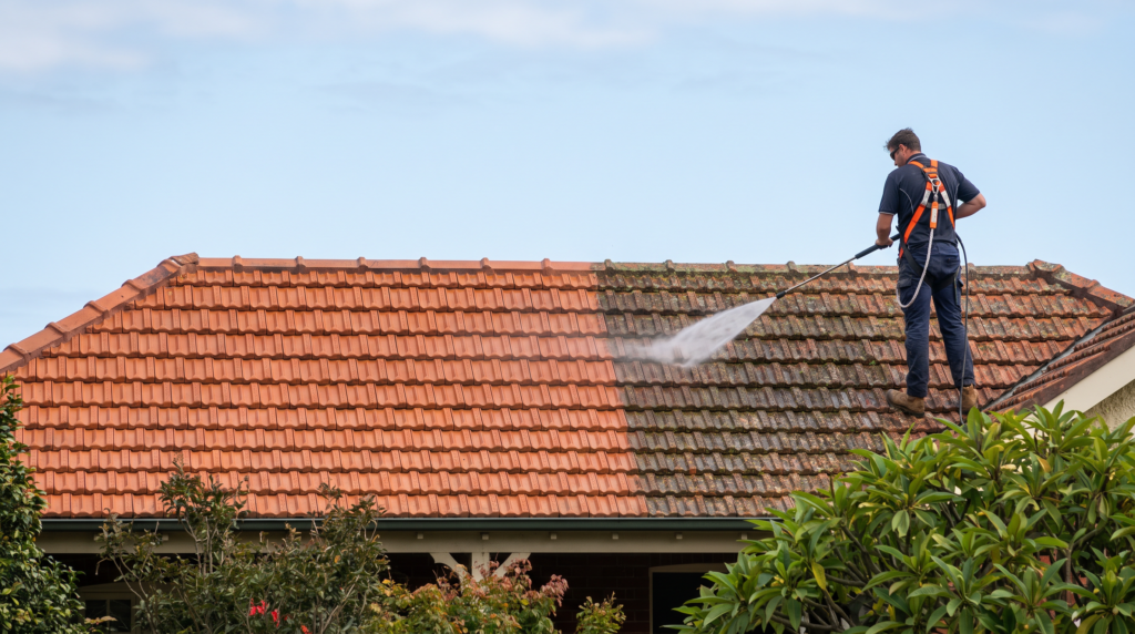 Terracotta roof tiles on a Sydney home being soft washed with low pressure spray showing cleaned section