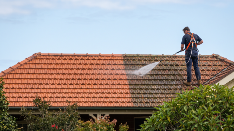 Terracotta roof tiles on a Sydney home being soft washed with low pressure spray showing cleaned section