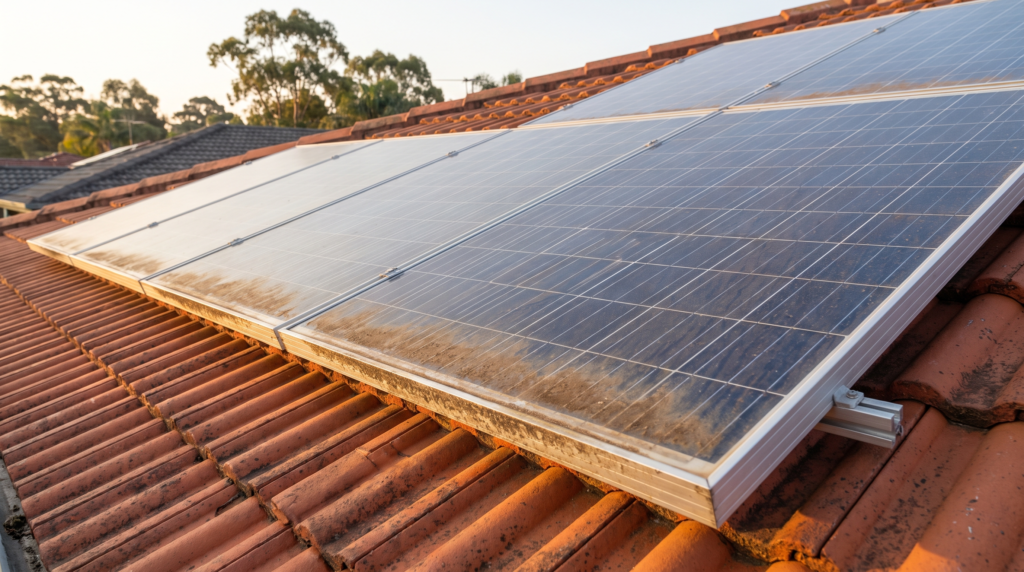 Rooftop solar panels on a Sydney terracotta tiled roof with a dusty tide line along the lower edge of each panel where water pools and evaporates