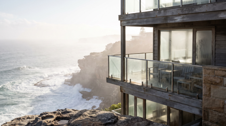 Coastal Sydney home near the ocean showing salt spray weathering on exterior windows and railings