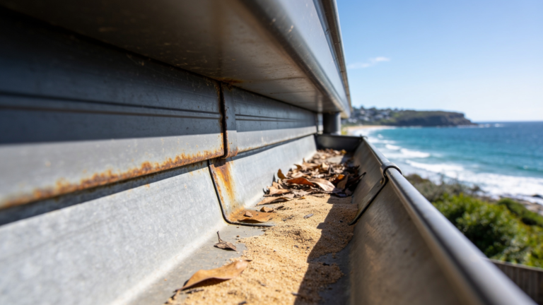 Coastal home gutters with corrosion staining at the joints and mixed leaf litter and sand inside