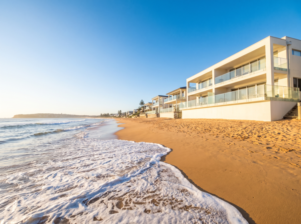 Collaroy beachfront homes directly facing the ocean with clean glass balustrades
