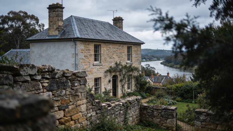A heritage sandstone colonial house with lime rendered walls and slate roof beside a river