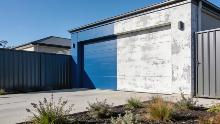 A Colorbond steel fence and garage door, one section clean and one faded and chalky from UV exposure