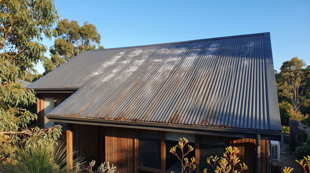Charcoal Colorbond corrugated steel roof in raking morning light showing chalky oxidised patches and dirt streaking down the ribs