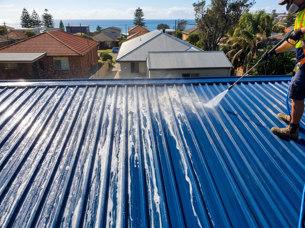 Deep blue Colorbond roof being soft washed with salt film rinsing away, ocean behind