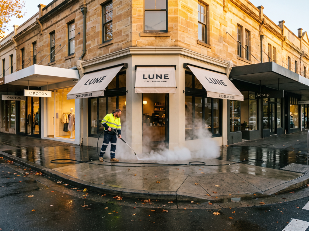 Commercial shopfront strip and entry apron being steam cleaned at dawn
