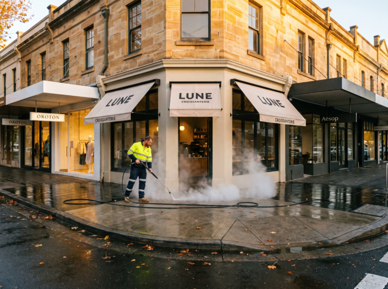 Commercial shopfront strip and entry apron being steam cleaned at dawn