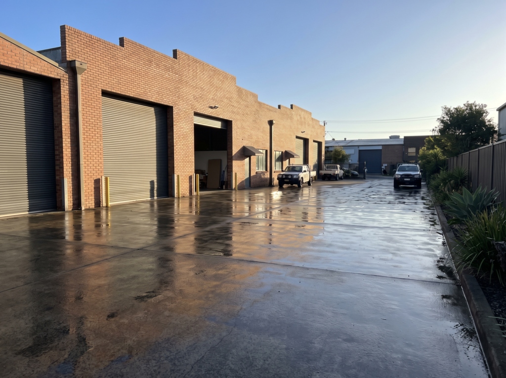 Freshly pressure-cleaned brewery forecourt and warehouse frontage in Brookvale industrial precinct
