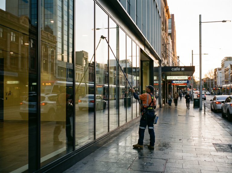 Commercial shopfront glass being cleaned with a water-fed pole before opening