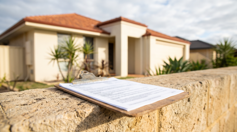 Printed exterior cleaning quote on a clipboard resting on a sandstone wall in front of a Sydney home