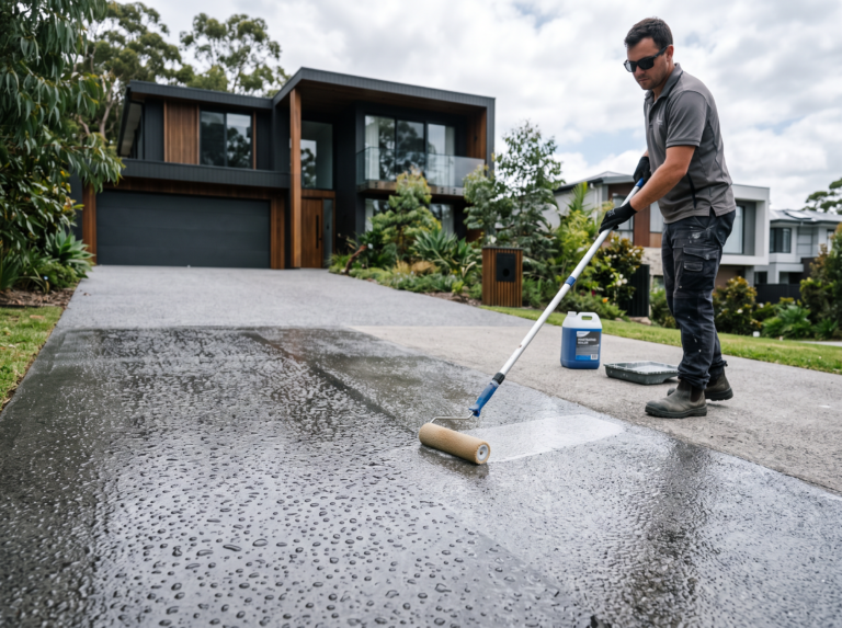 Clear penetrating sealer applied to a clean driveway with water beading on the sealed section