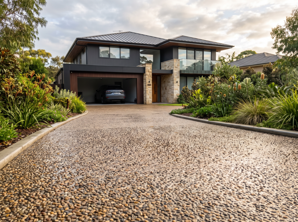 Freshly cleaned and sealed exposed aggregate driveway with water beading