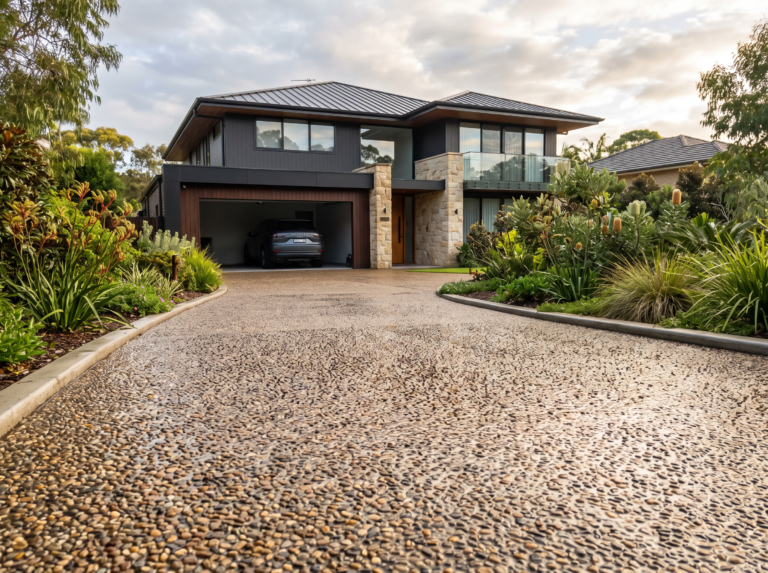 Freshly cleaned and sealed exposed aggregate driveway with water beading