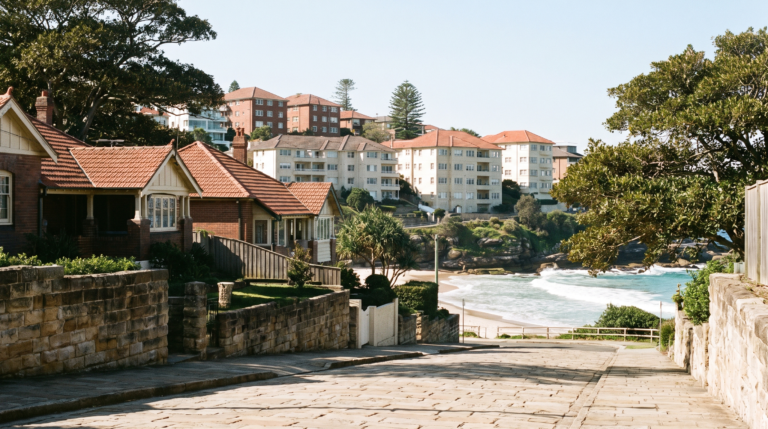 Interwar apartment blocks on the slope above Coogee beach, with exposed sandstone retaining walls and older Federation houses behind