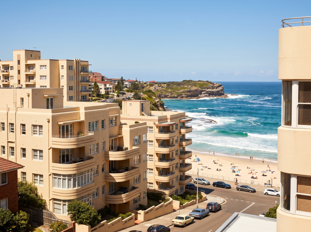 Art deco apartment blocks above Coogee beach with clean rendered facades facing the ocean