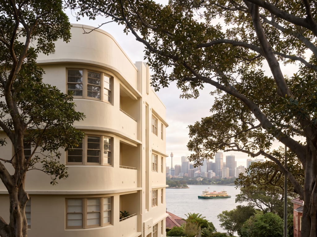 Art deco apartment building at Cremorne Point with freshly washed cream render, harbour behind