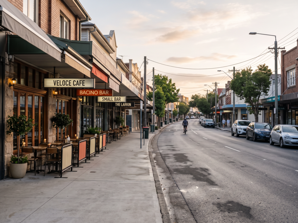 Willoughby Road cafe and restaurant village strip in Crows Nest with clean footpaths and awnings