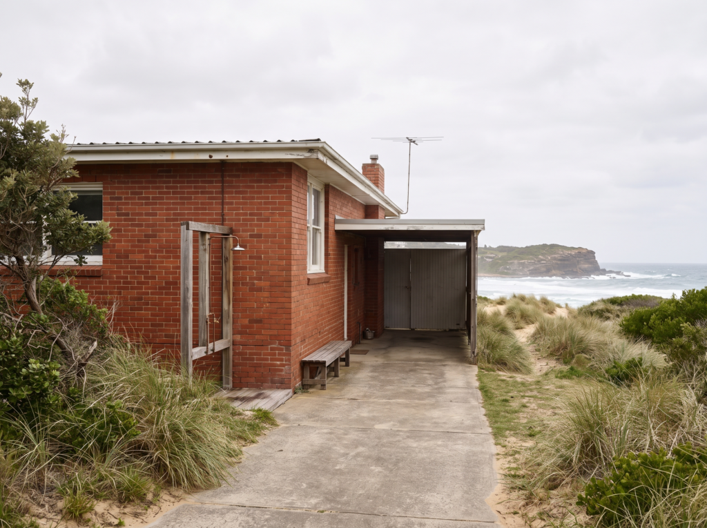 Post-war brick beachside home behind the dunes at Curl Curl with clean driveway
