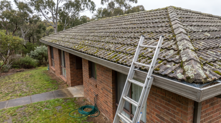 Ladder footed safely against the gutter of a single-storey Sydney house with moss and lichen patches on the concrete roof tiles above