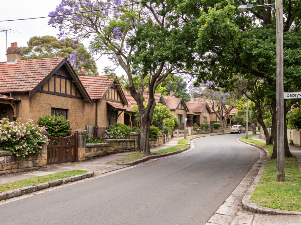 Original 1910s garden suburb cottages with rough-cast render on a tree-lined Daceyville crescent