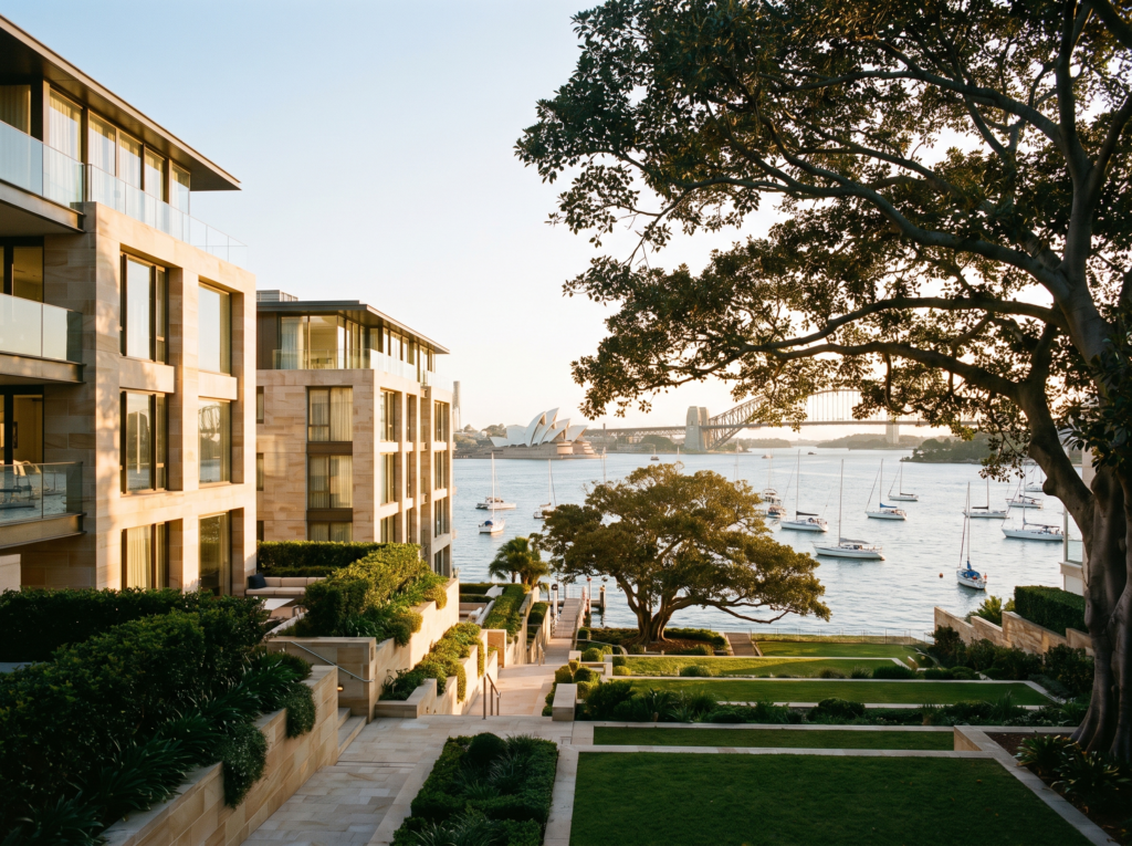 Prestige harbourside apartment buildings in Darling Point with clean facades and figs