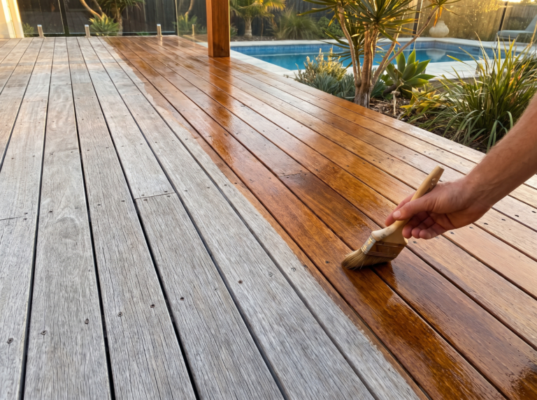 Hardwood deck half grey and weathered, half freshly oiled spotted gum