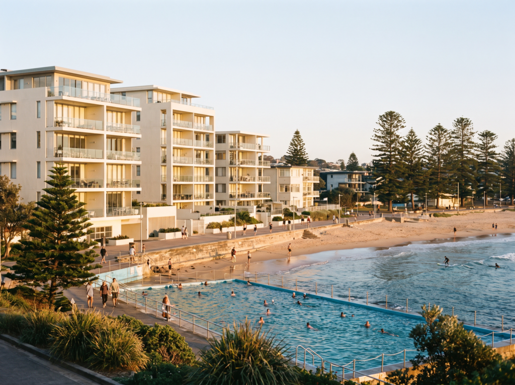 Dee Why beachfront apartment buildings with clean rendered facades above the strand