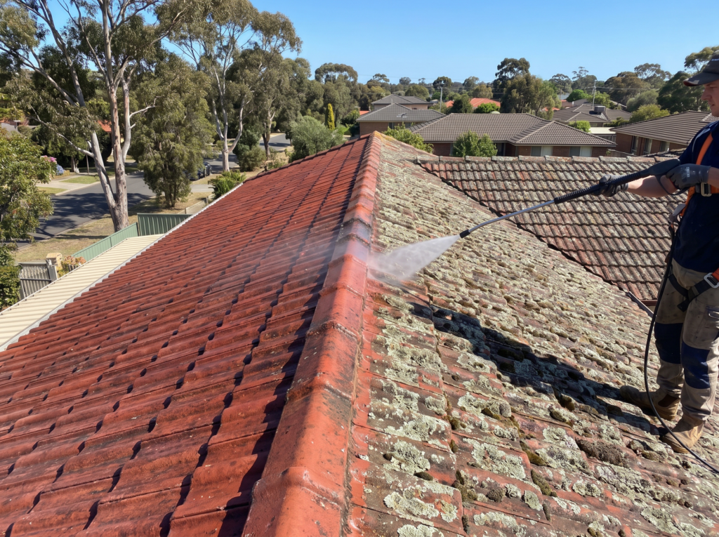 Aged terracotta roof half covered in lichen and half cleaned to rich red