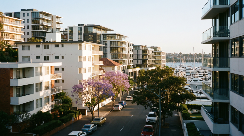 Harbourside apartment blocks stepping down toward a marina at Double Bay, with narrow parked streets and mature fig trees