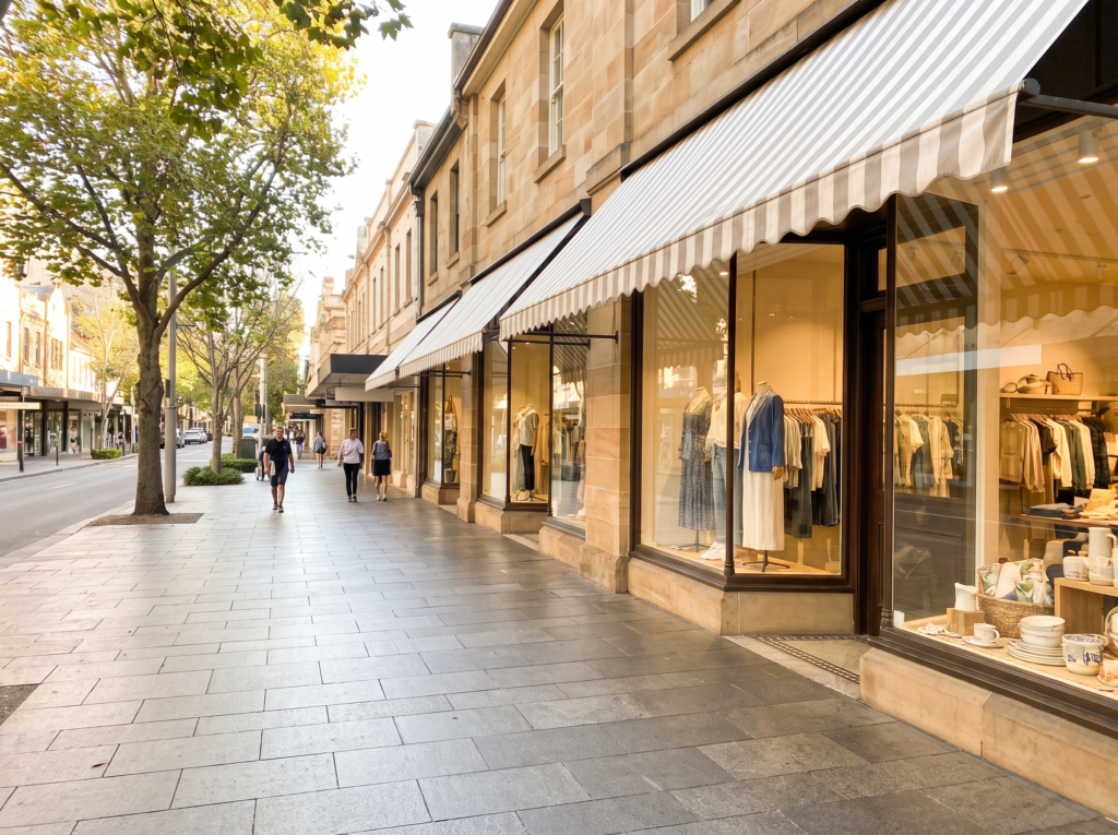 Double Bay village shopping street with clean shopfronts, awnings and paved footpath