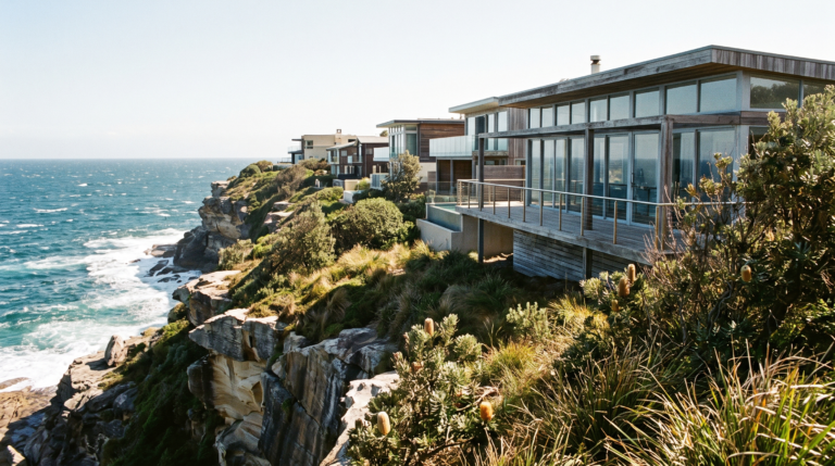 Clifftop homes at Dover Heights with large glazing and stainless balustrades directly above sandstone sea cliffs and open ocean