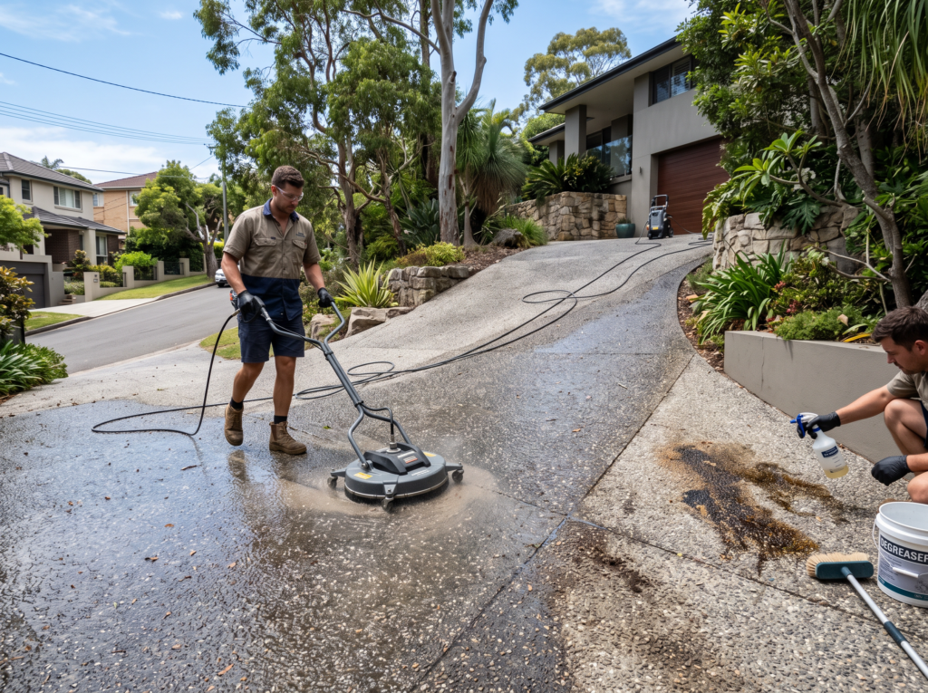 Exposed aggregate driveway being cleaned with a rotary surface cleaner and degreaser treatment