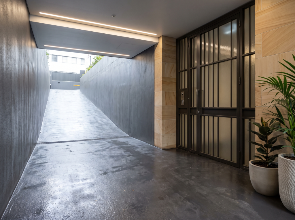 Clean basement car park ramp of a prestige Darling Point apartment building