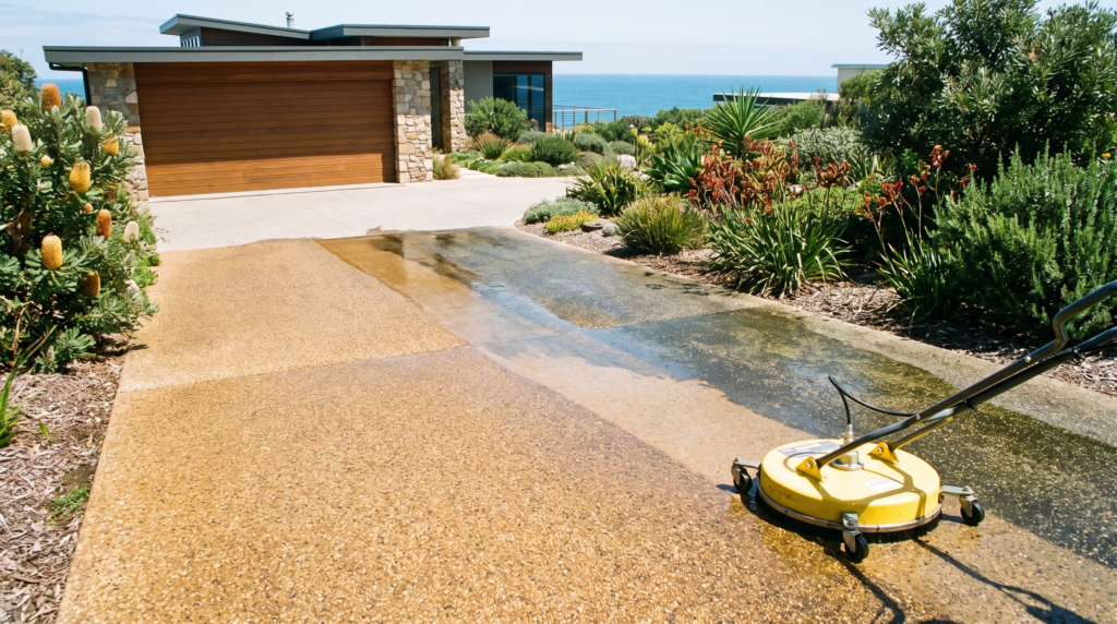 Exposed aggregate driveway being cleaned at a Palm Beach property