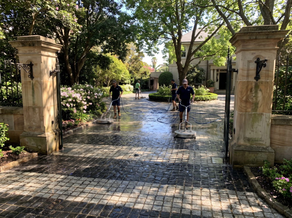 Surface cleaner restoring a long stone driveway at a Point Piper estate