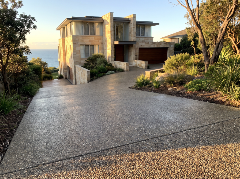 Steep exposed-aggregate driveway at a Vaucluse home freshly surface-cleaned to an even finish