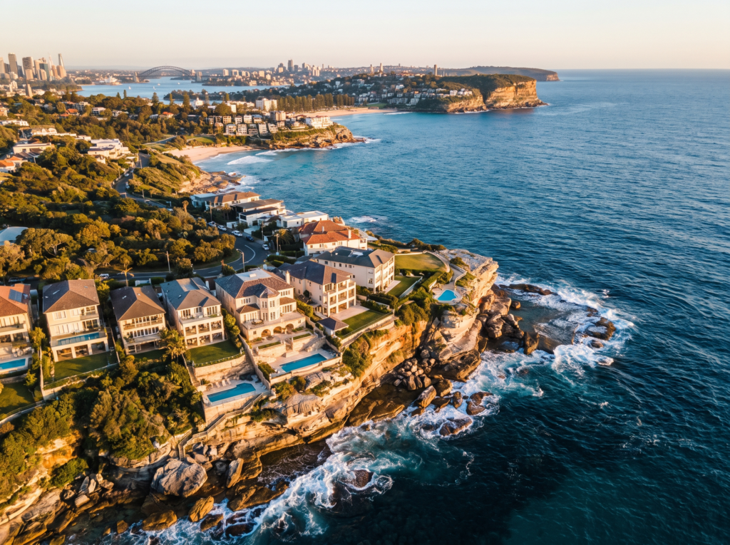 Aerial view of the Eastern Suburbs coastline from Bondi to Vaucluse at golden hour