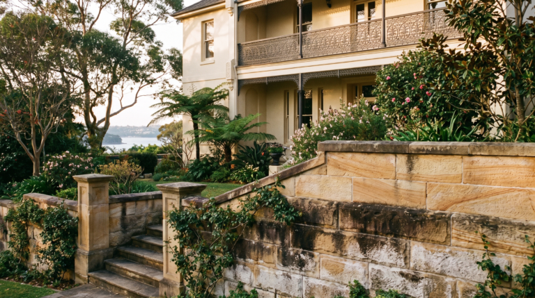 Eastern Suburbs Sydney sandstone garden wall and steps showing dark biological staining and pale salt bloom, with a rendered heritage facade and harbour behind
