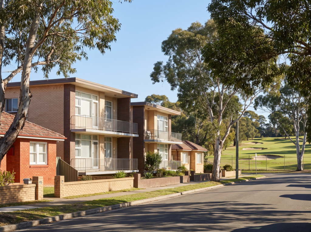 Mid-century unit blocks and brick homes beside golf course greenery in Eastlakes