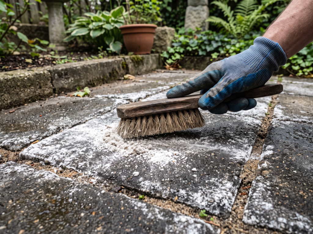 White efflorescence salt bloom being brushed off dark pavers with a dry brush