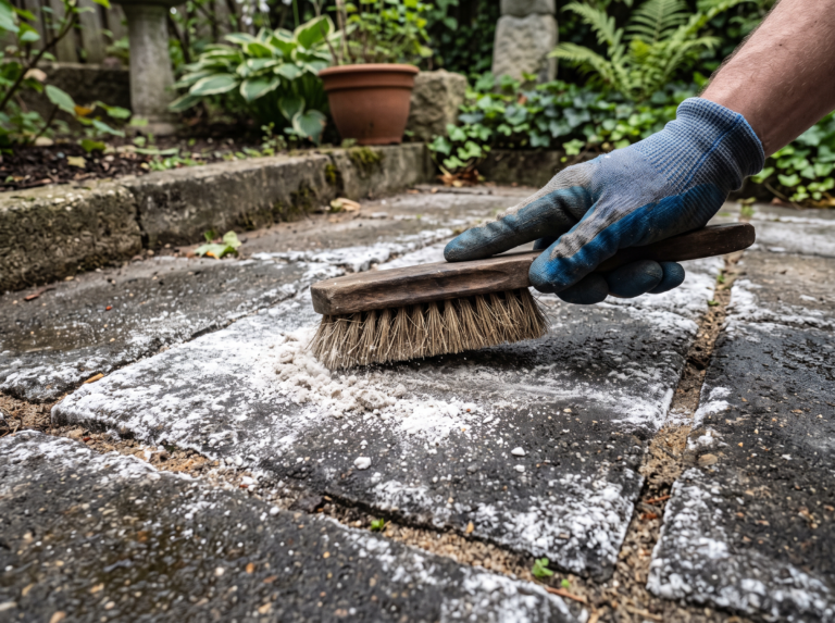 White efflorescence salt bloom being brushed off dark pavers with a dry brush