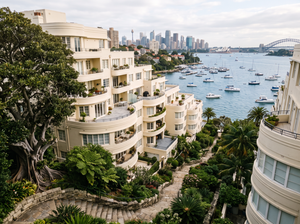 Tiered art deco apartment buildings stepping down to the harbour at Elizabeth Bay