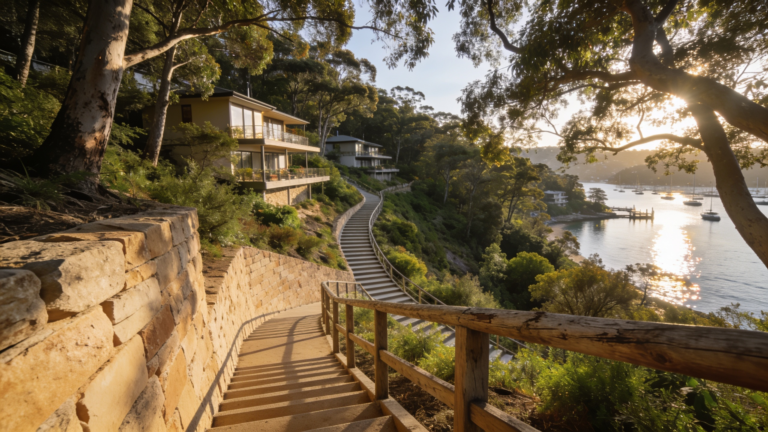Houses stepping down a steep bushland escarpment toward a harbour inlet with long stair runs and retaining walls