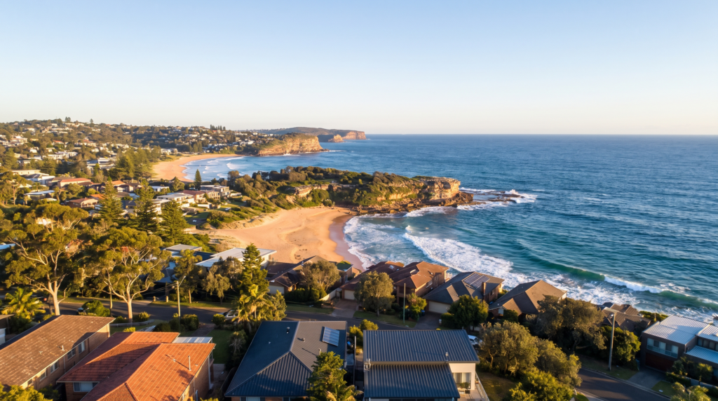 Aerial view of the Sydney Northern Beaches coastline with headlands, beaches and residential rooftops