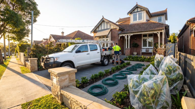 White work ute parked in the driveway of an Eastern Suburbs Sydney home with hoses laid out and garden plants sheeted for protection