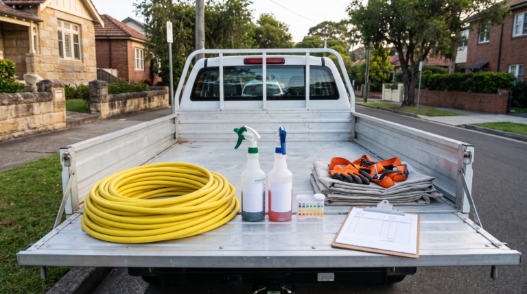 Professional exterior cleaning equipment laid out neatly on a work ute tailgate: soft wash hose, dosing bottles, pH test strips, drop sheets and safety harness