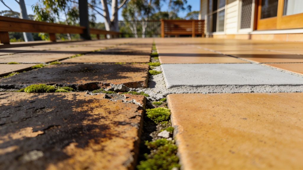 Outdoor tiled terrace with dark stained crumbling grout lines and moss in the joints